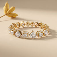 12.05 Ct Emerald & Round Cut Moissanite Geometric Frame Tennis Bracelet for Women Gold Vermeil (2.5 Micron) Gold