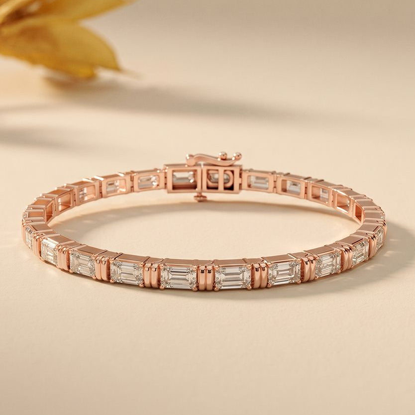8.95 Ct Emerald Cut Moissanite Ribbed Frame Bracelet for Women Rose Gold