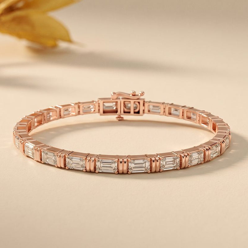 8.95 Ct Emerald Cut Moissanite Ribbed Frame Bracelet for Women Rose Gold