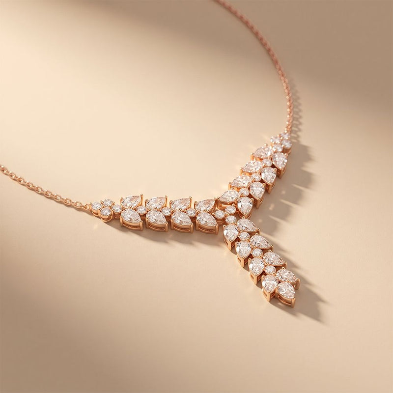 14 Ct Pear Cut Moissanite Cascading Leaf Y Necklace for Women Gold Vermeil (2.5 Micron) Rose Gold