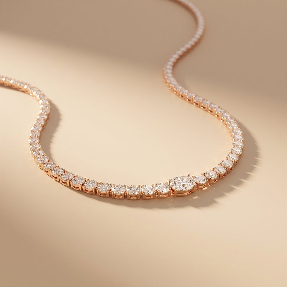 26.85 Ct Oval & Round Cut Moissanite Classic Tennis Necklace for Women Gold Vermeil (2.5 Micron) Rose Gold