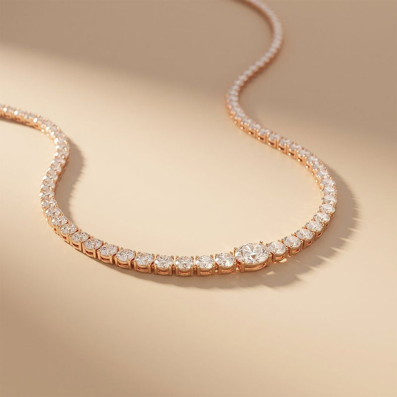26.85 Ct Oval & Round Cut Moissanite Classic Tennis Necklace for Women Gold Vermeil (2.5 Micron) Rose Gold