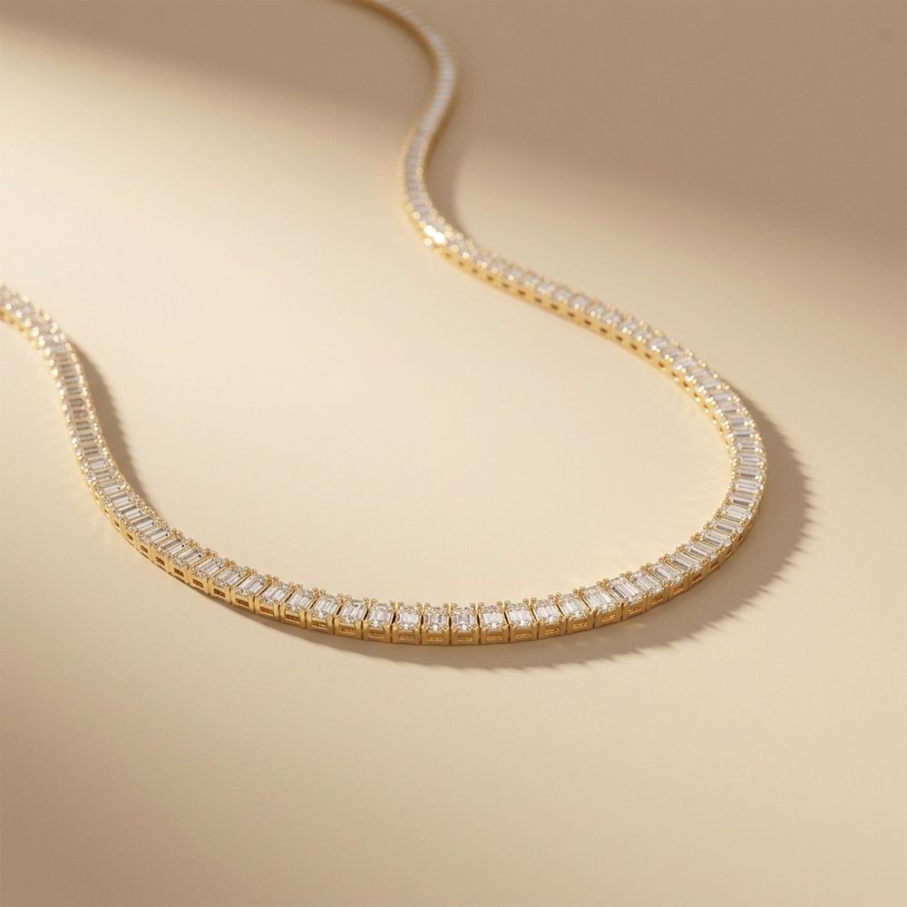 24.06 Ct Emerald Cut Moissanite Baguette Line Tennis Necklace Gold Vermeil (2.5 Micron) Gold