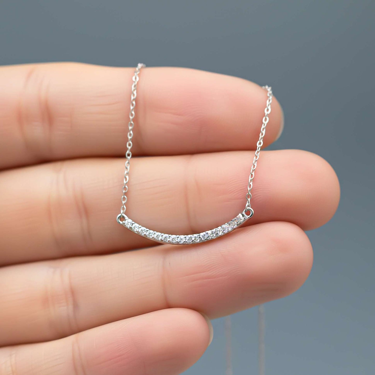 Sterling Silver Cubic Zircon Dainty U Bar Necklace