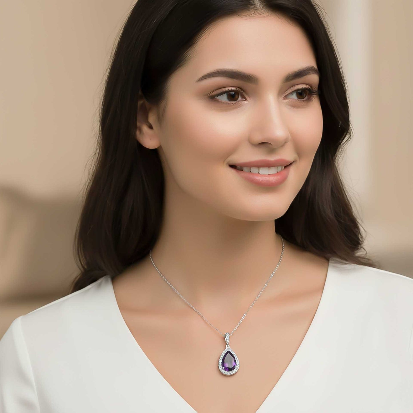 Silver Purple Amethyst Pear Drop Halo Pendant