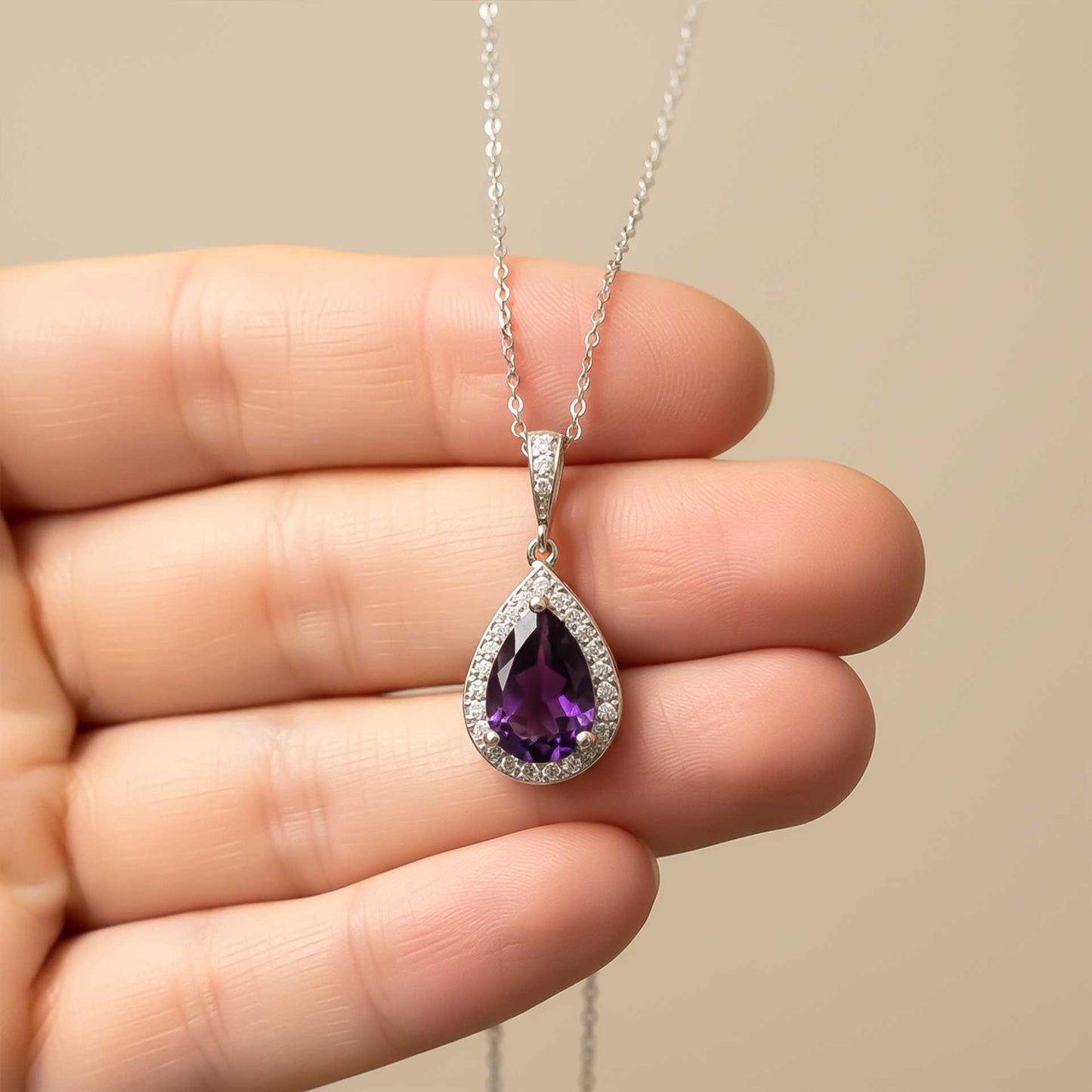 Silver Purple Amethyst Pear Drop Halo Pendant