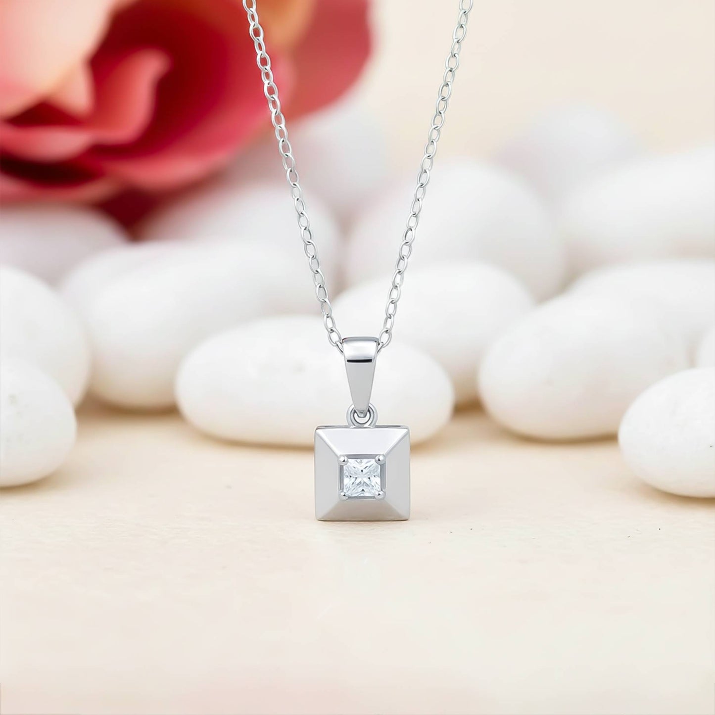 Silver Princess Cut Solitaire Diamond Pendant