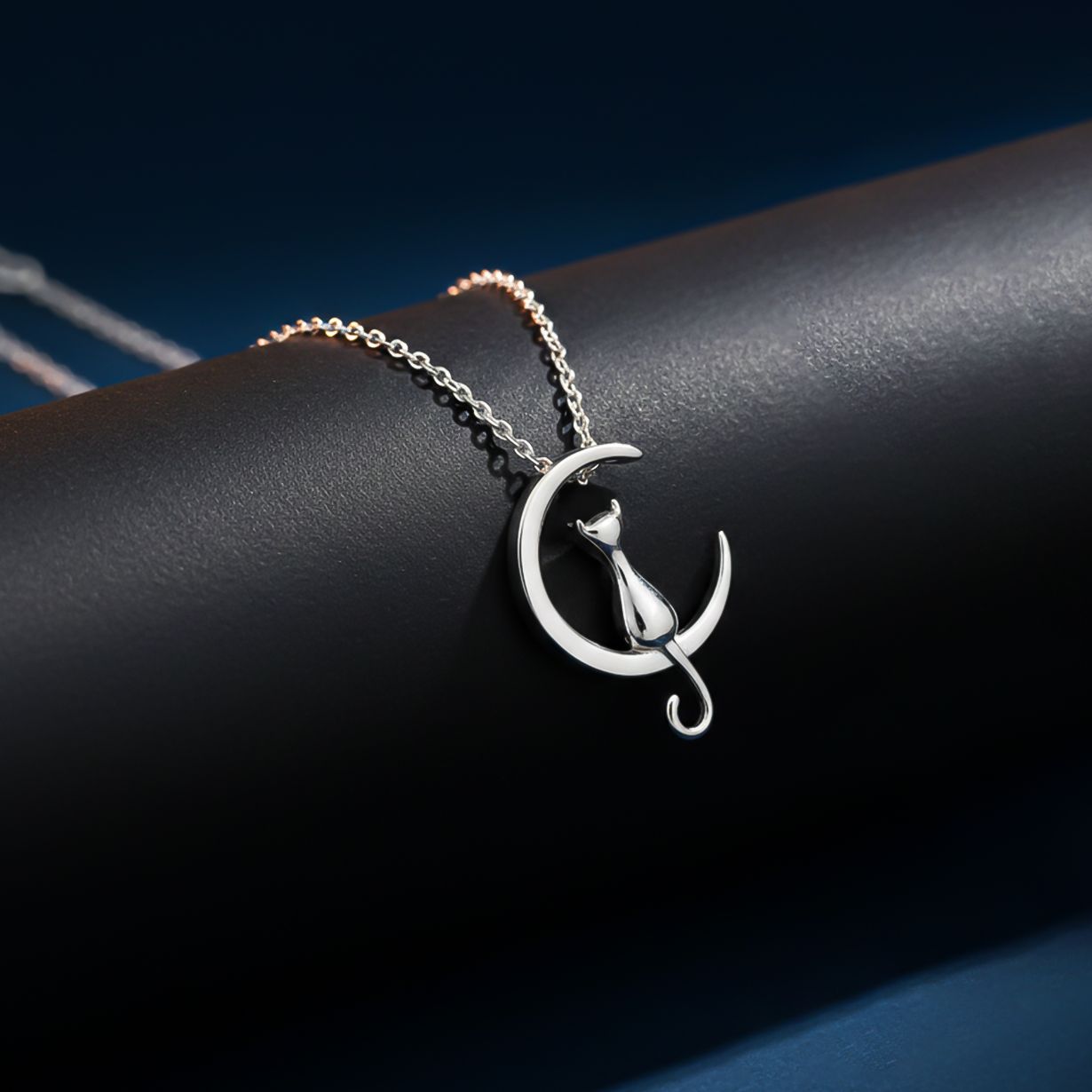 Silver Dreamy Moon Cat Pendant