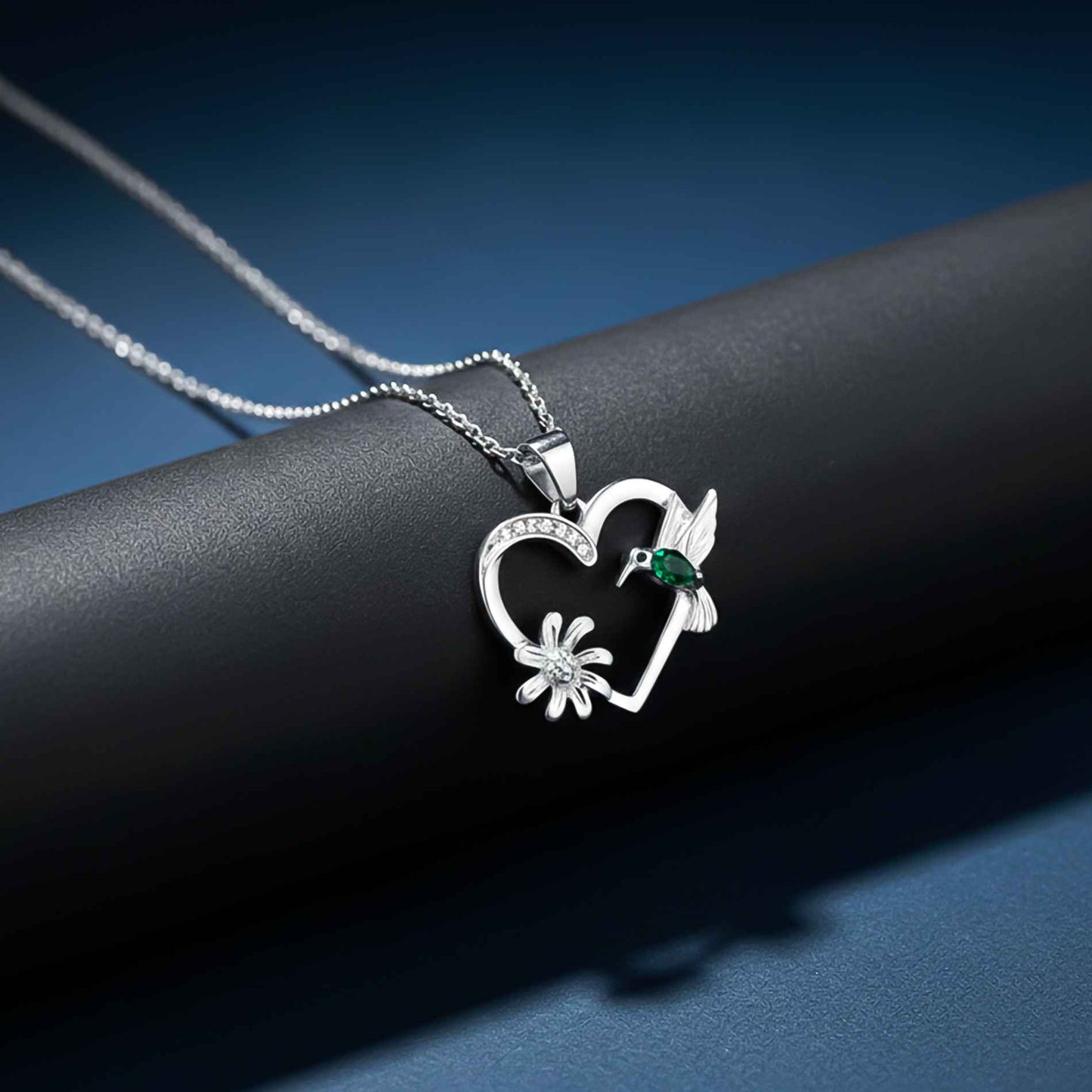 Silver Hummingbird Green Emerald Pendant