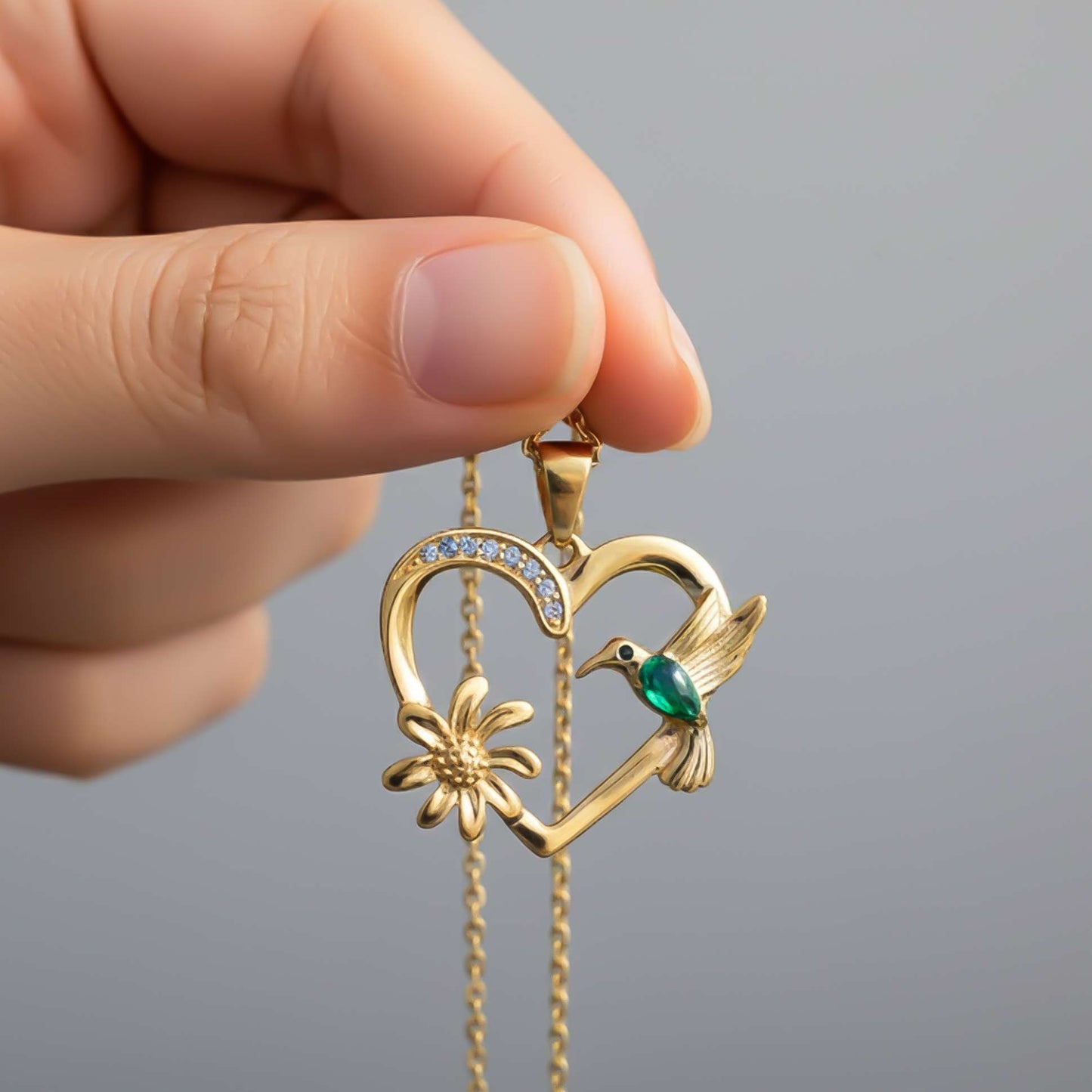 Silver Hummingbird Green Emerald Pendant