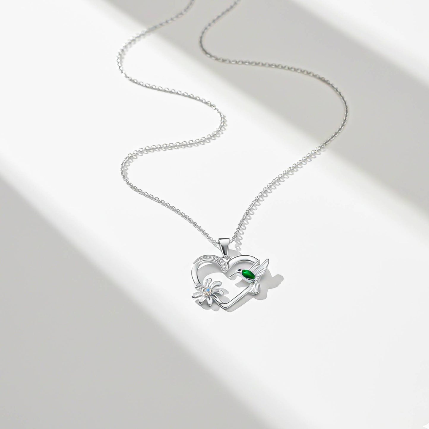 Silver Hummingbird Green Emerald Pendant