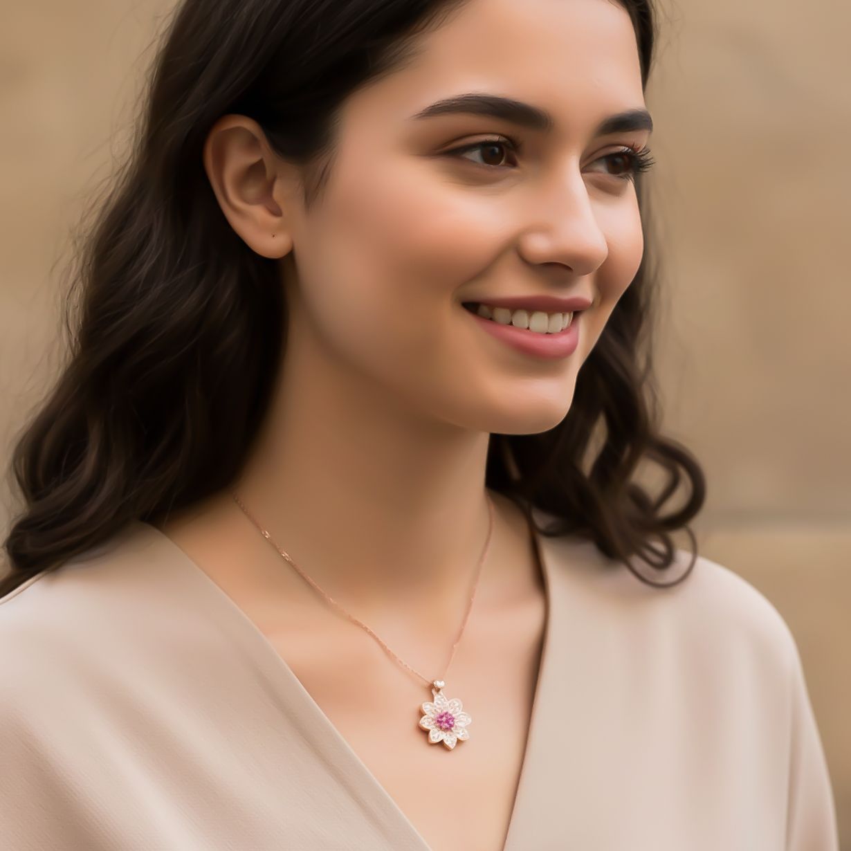Sterling Silver Pink Floral Pendant