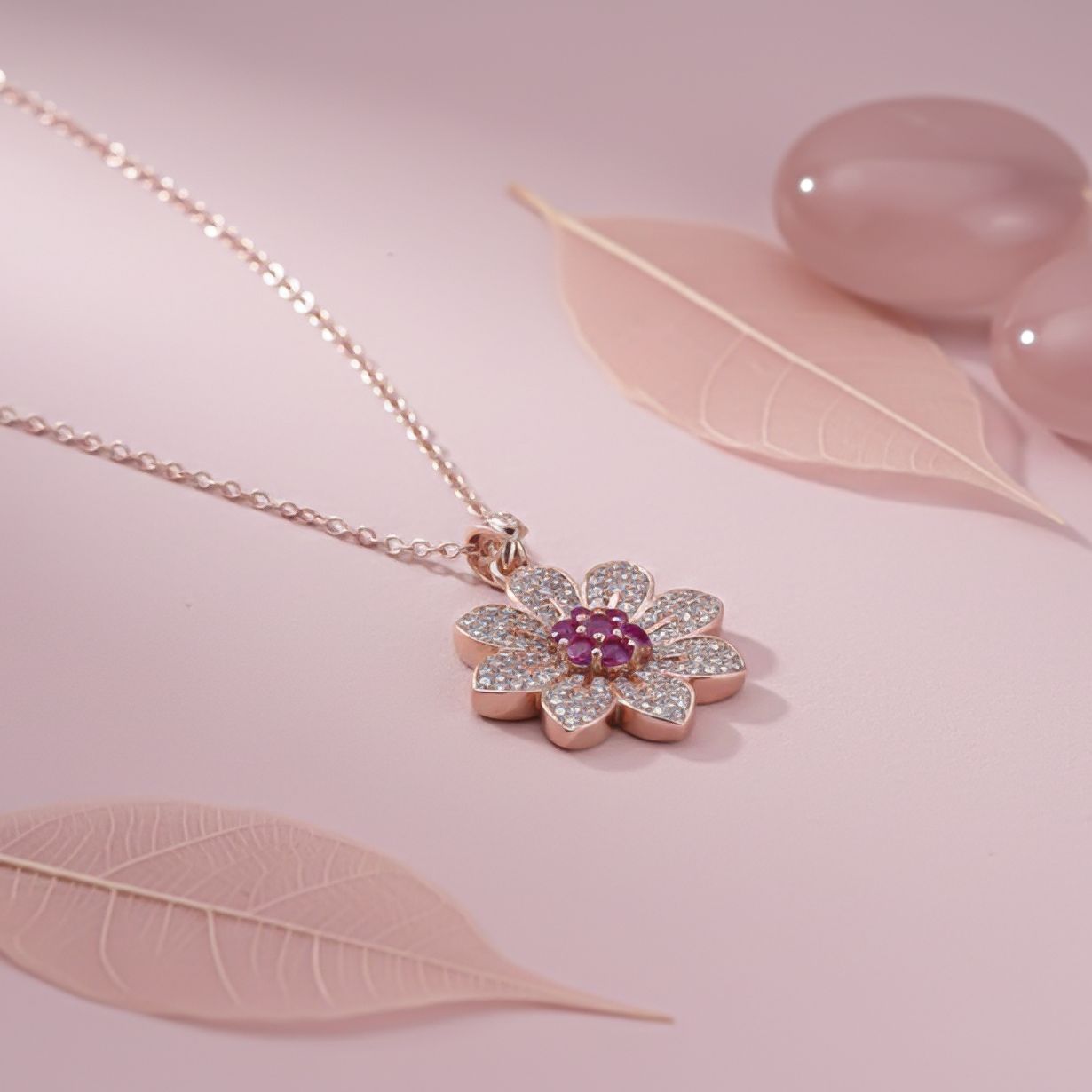 Sterling Silver Pink Floral Pendant
