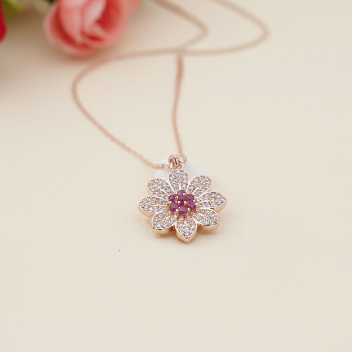 Sterling Silver Pink Floral Pendant