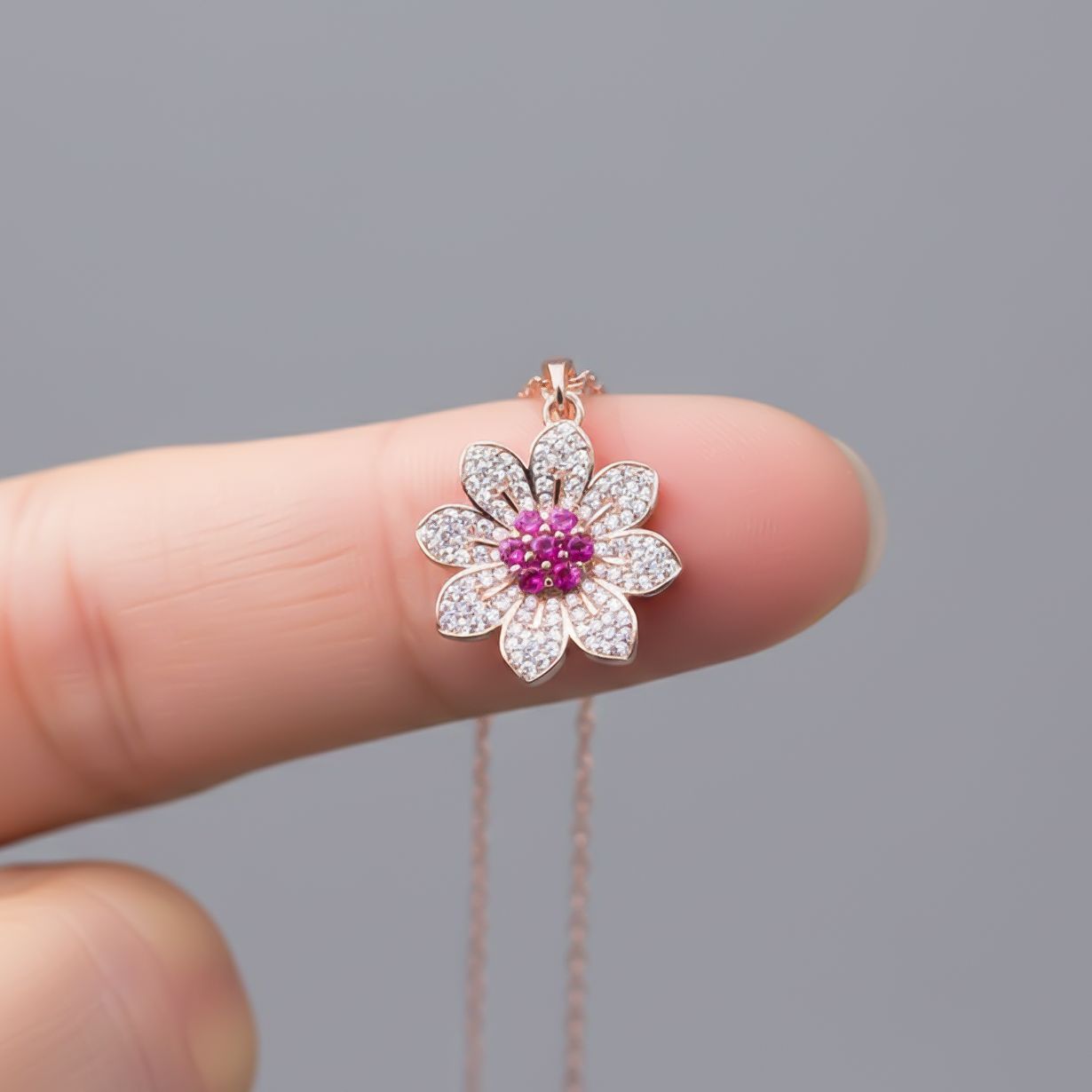 Sterling Silver Pink Floral Pendant