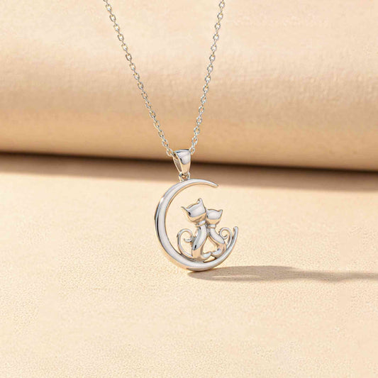 Silver Dreamy Moon Couple Cat Pendant