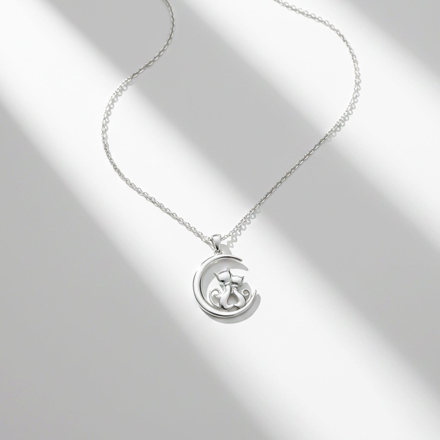 Silver Dreamy Moon Couple Cat Pendant