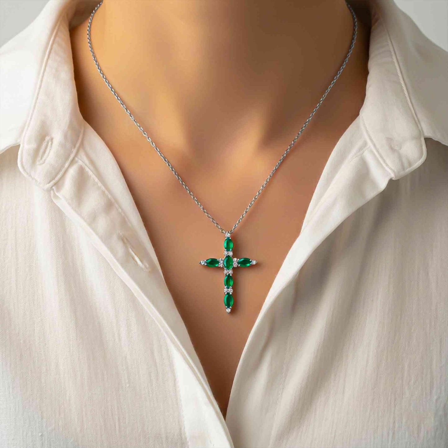 Silver Green Emerald Cross Pendant