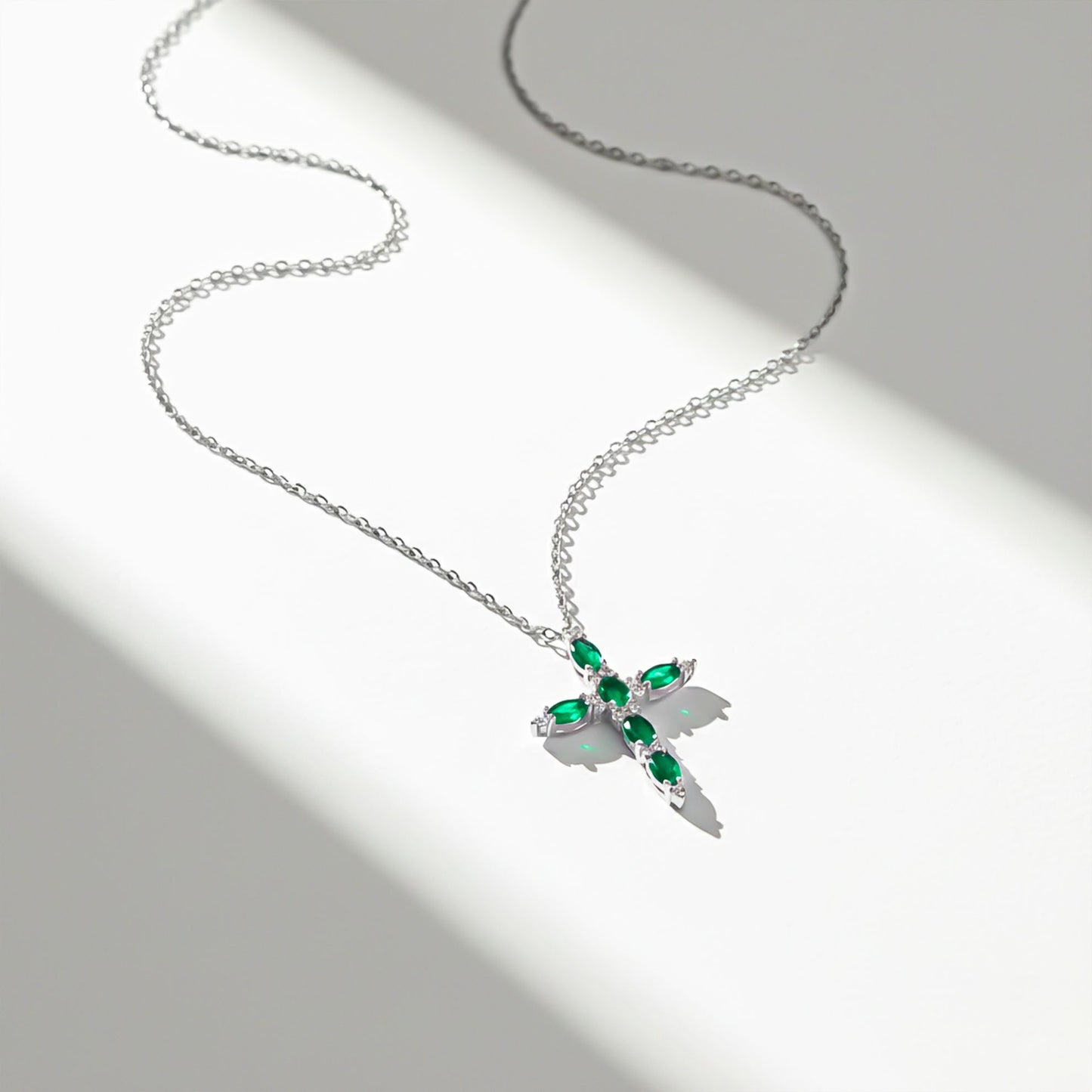 Silver Green Emerald Cross Pendant