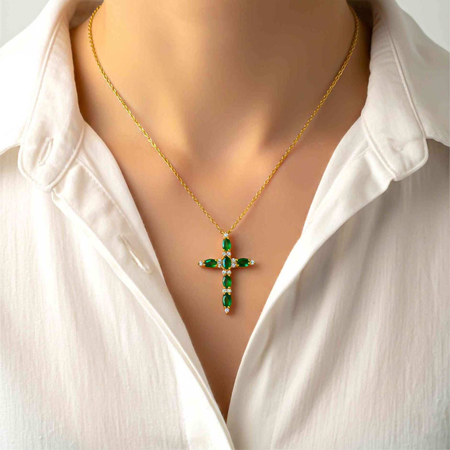 Silver Green Emerald Cross Pendant