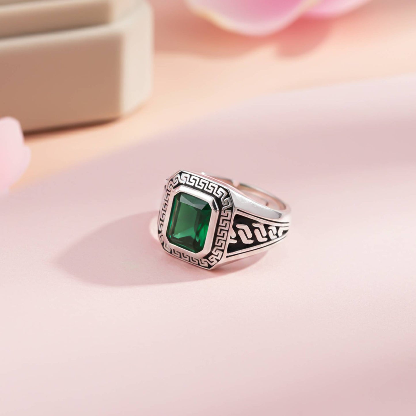 Silver Emerald Signet Greek Ring For Him