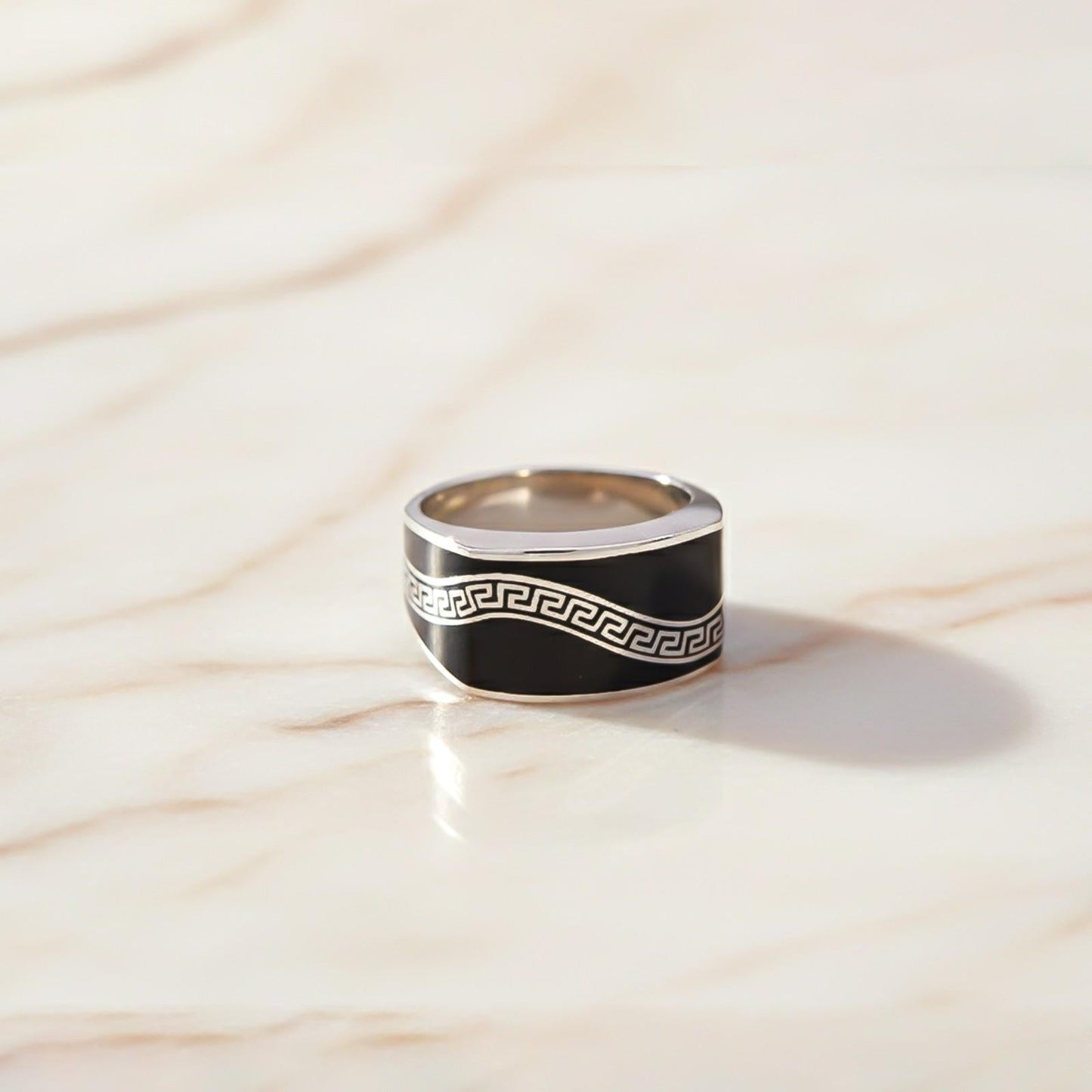 Silver Enamel Greek Key Pattern Ring