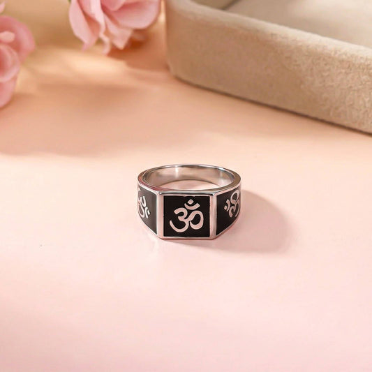 Silver Om Spiritual Black Enamel Ring