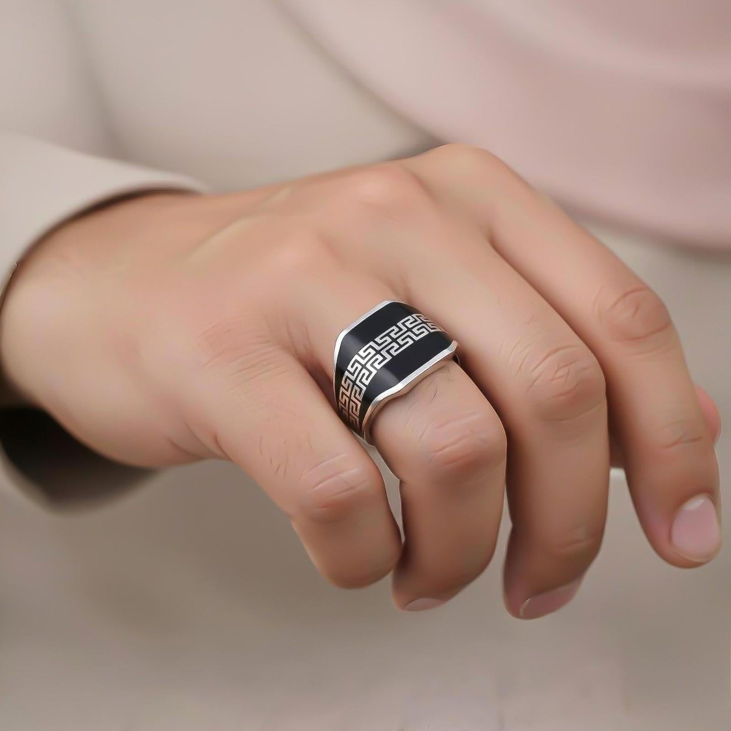 Silver Black Enamel Greek Pattern Ring