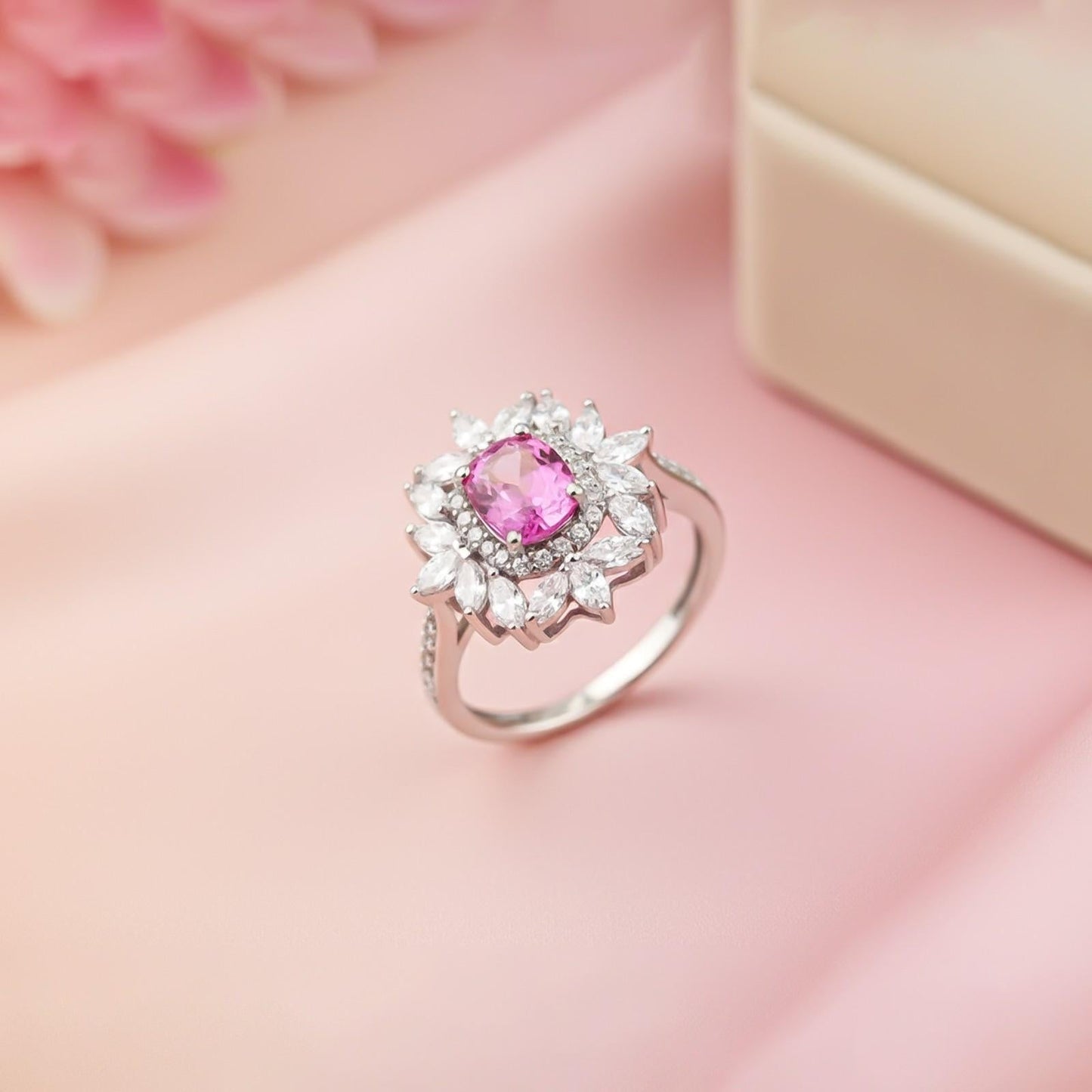 Silver Floral Halo Statement Ring for Women