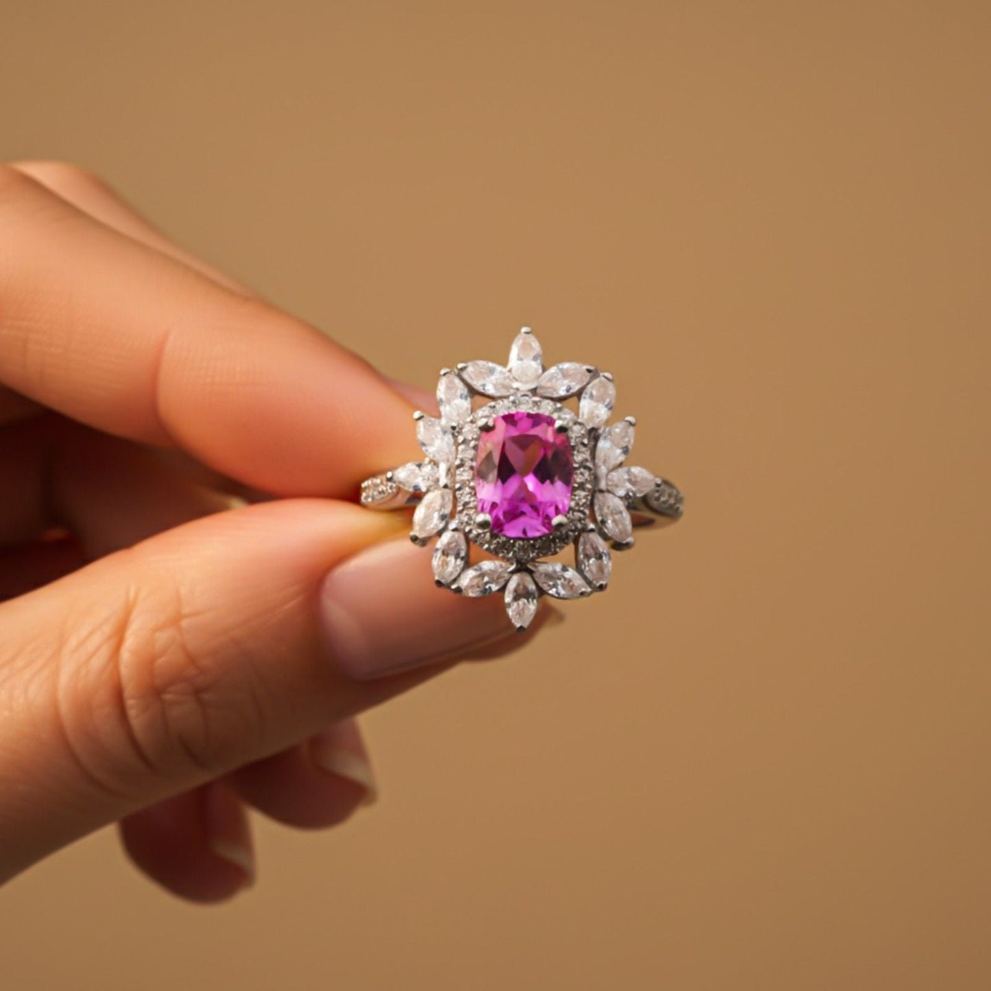 Silver Floral Halo Statement Ring for Women