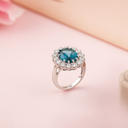 Silver Blue Topaz Halo Ring for Women