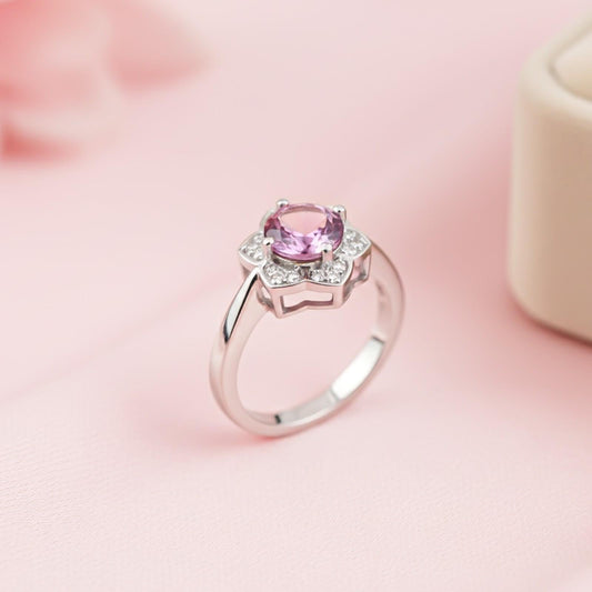 Silver Amethyst Floral Halo Ring for Women
