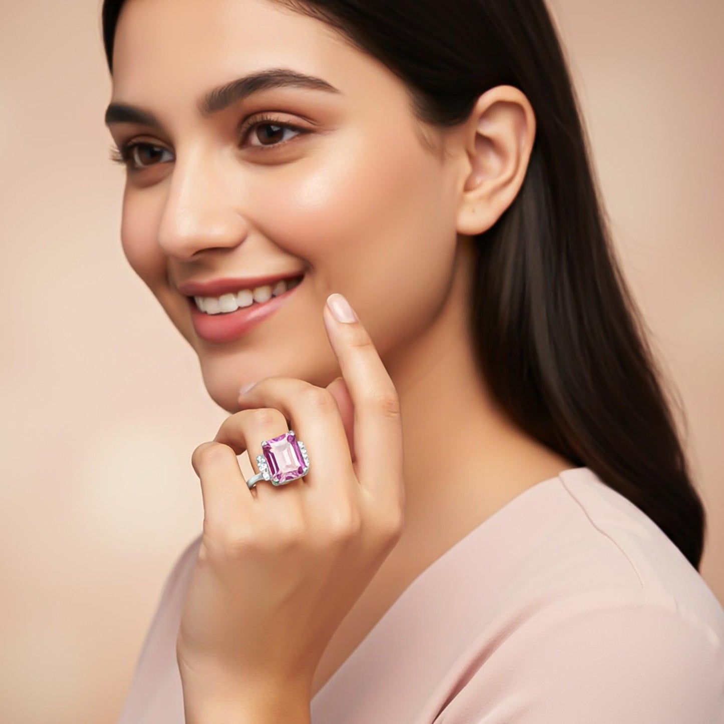 Silver Pink Sapphire Statement Ring for Women
