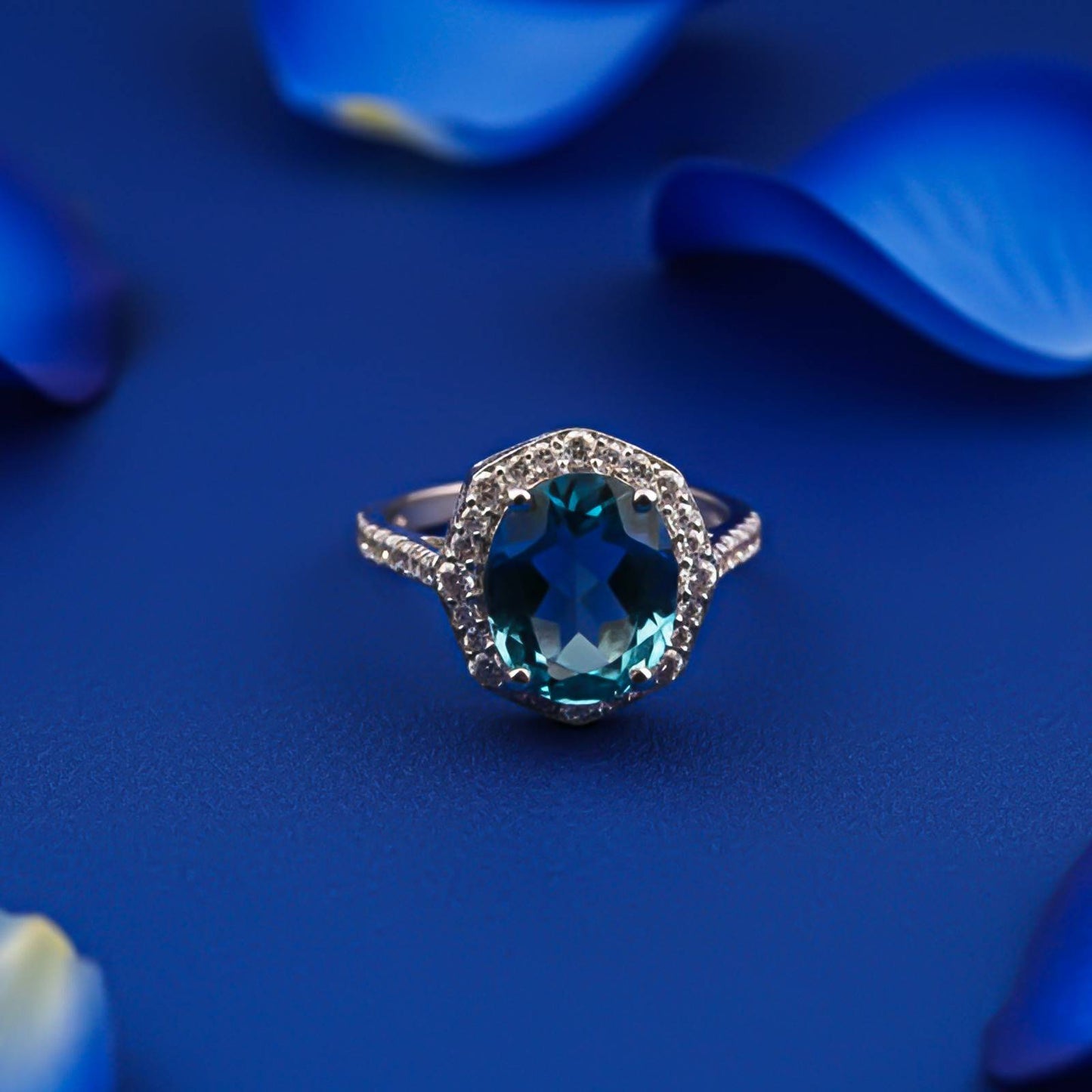 Silver Aquamarine Halo Statement Ring