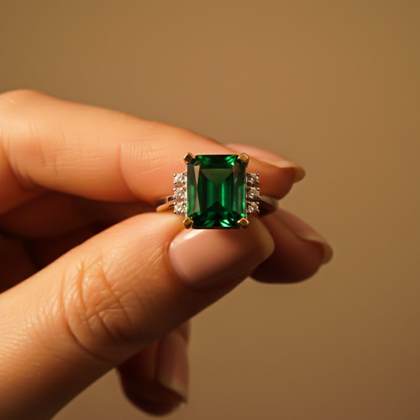 Silver Emerald Statement Ring for Women Gold Vermeil (2.5 Micron) - close up
