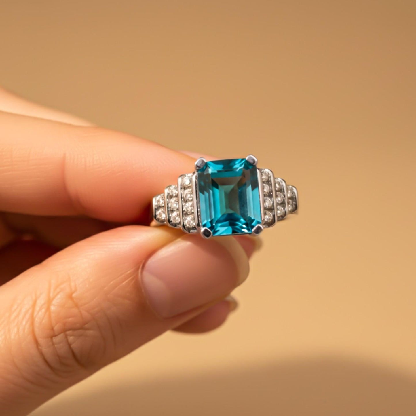 Silver Aquamarine Art Deco Statement Ring