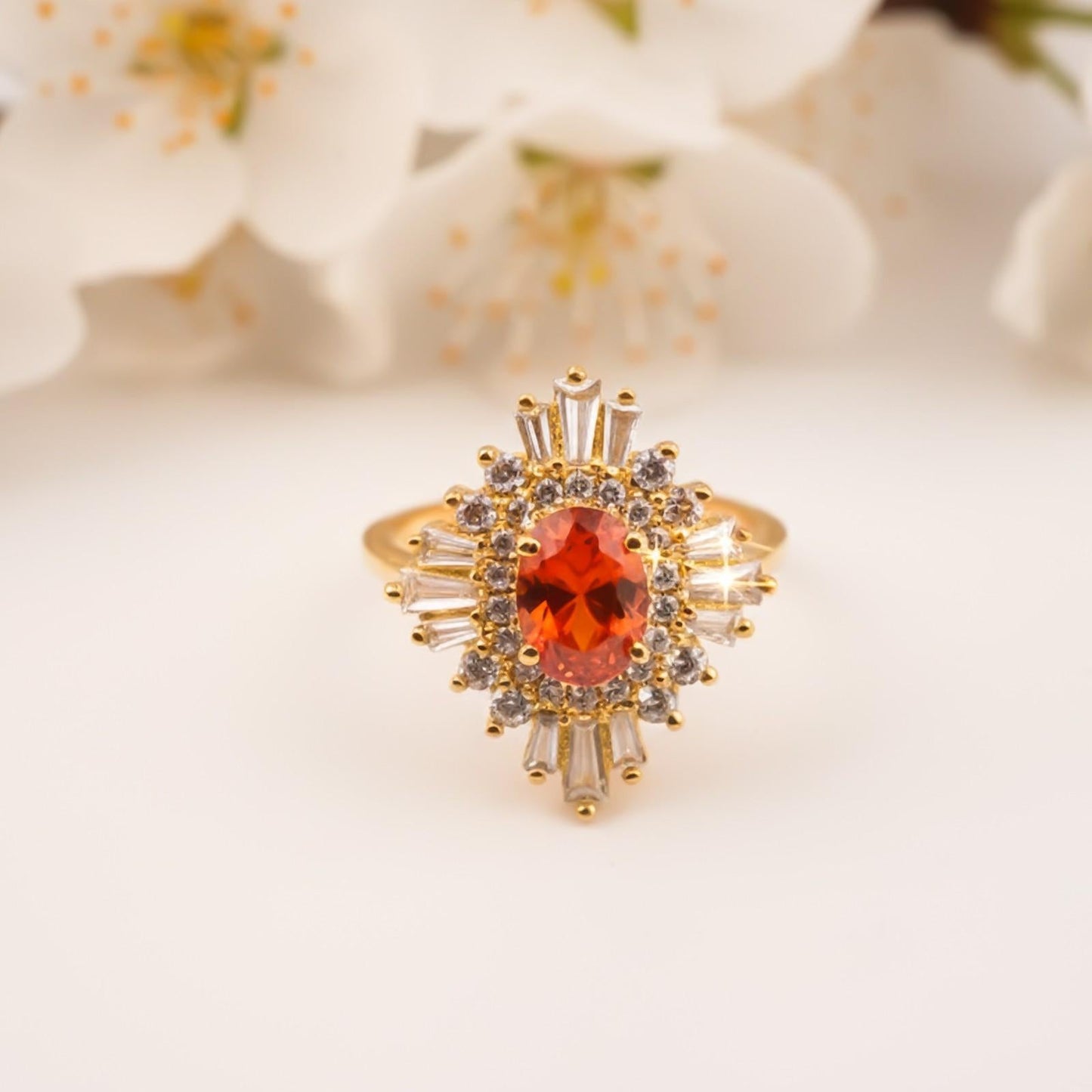 Silver Red Ruby Sunburst Halo Ring