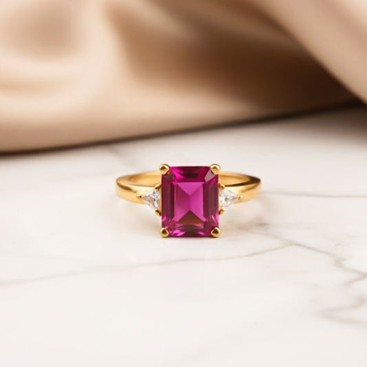 Silver Red Ruby Three-Stone Ring