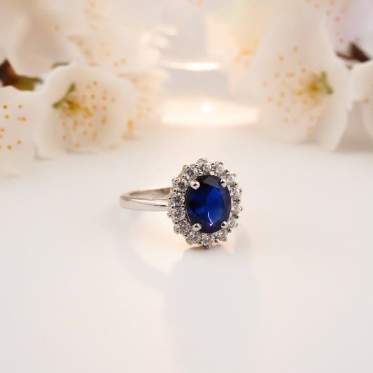 Silver Sapphire Halo Ring for Women