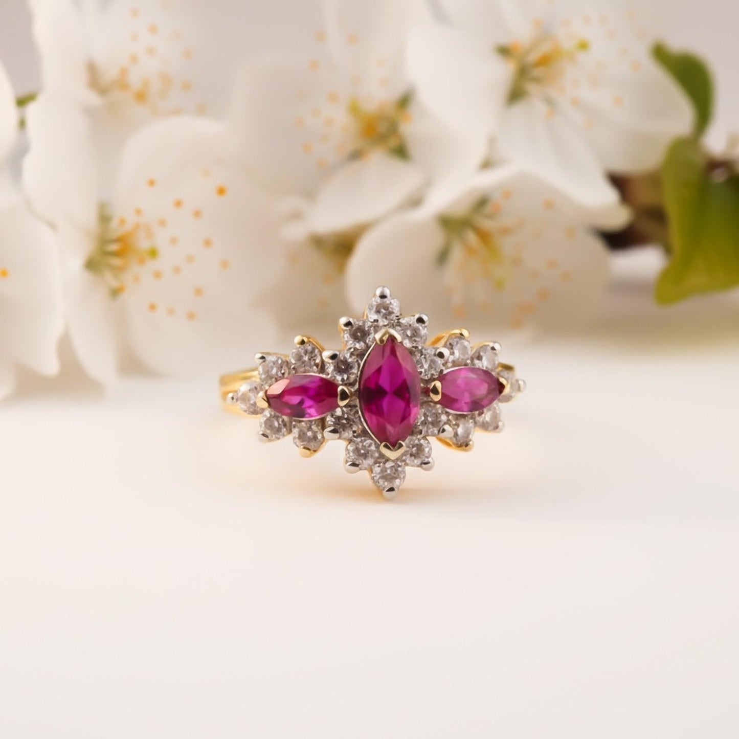 Silver Red Ruby Floral Cluster Ring