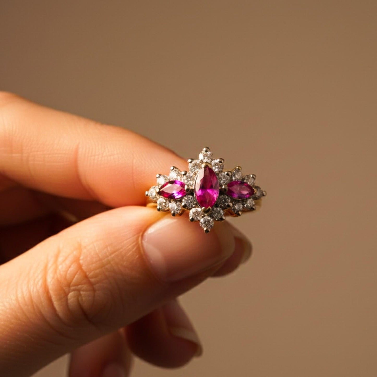 Silver Red Ruby Floral Cluster Ring
