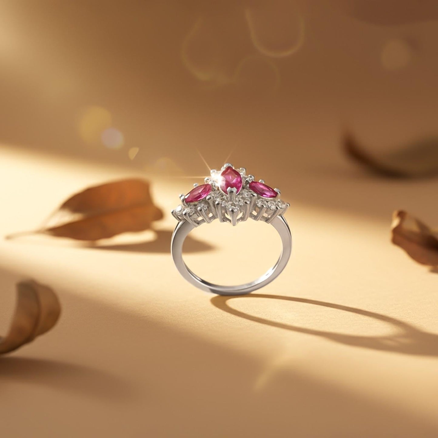 Silver Red Ruby Floral Cluster Ring