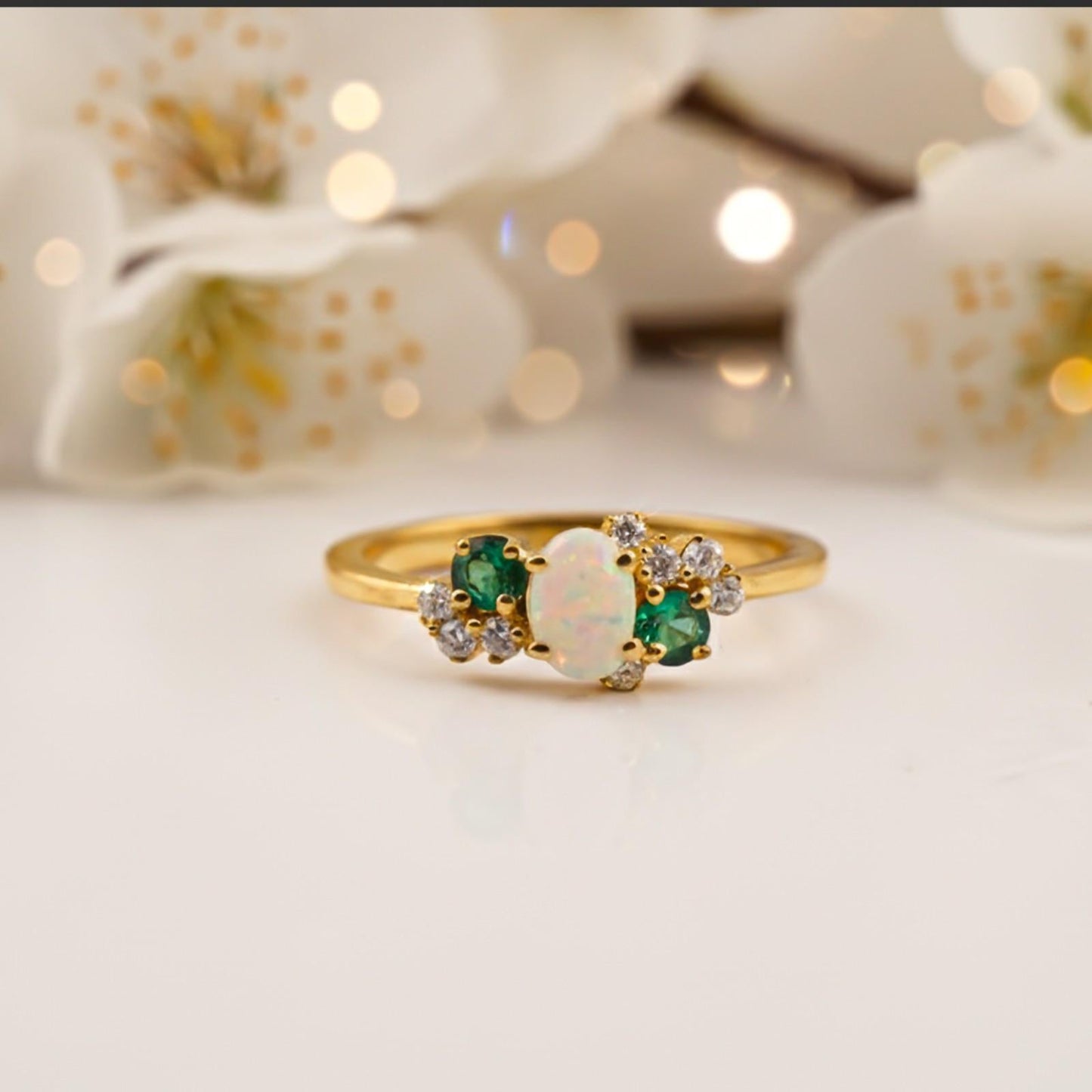 Silver Opal & Emerald Cluster Ring
