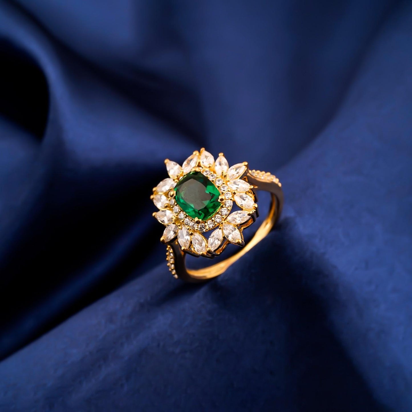 Silver Green Emerald Floral Halo Ring