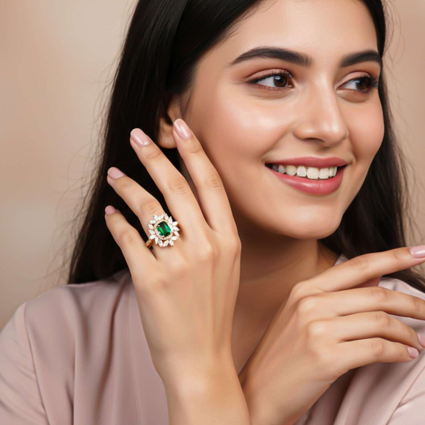 Silver Green Emerald Floral Halo Ring
