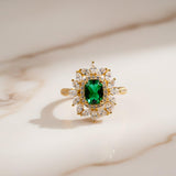Silver Green Emerald Floral Halo Ring Gold Vermeil (2.5 Micron)