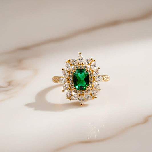 Silver Green Emerald Floral Halo Ring