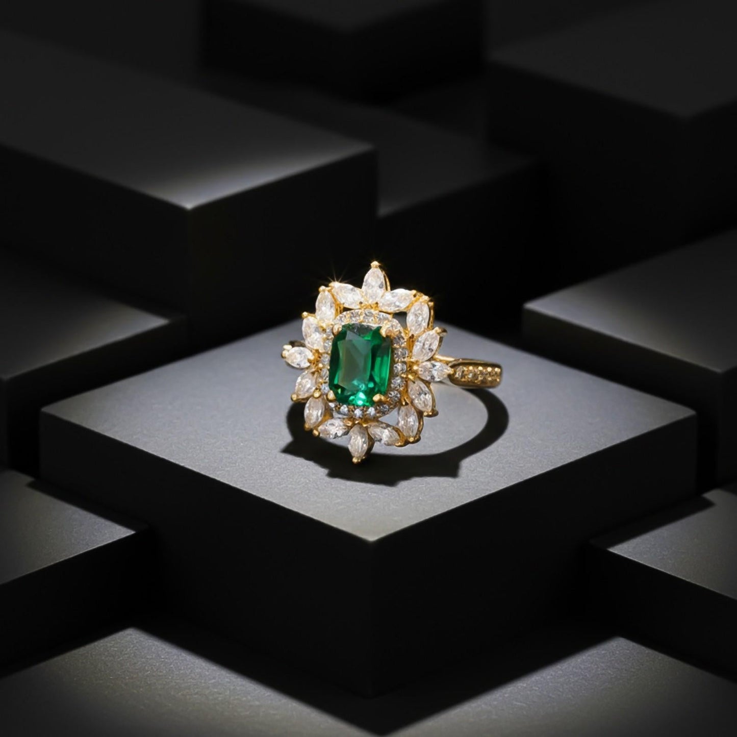 Silver Green Emerald Floral Halo Ring