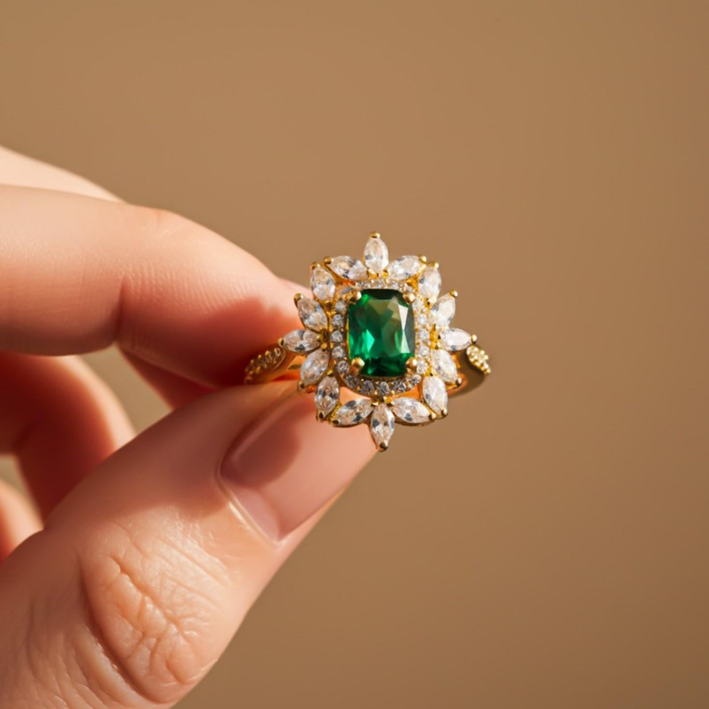 Silver Green Emerald Floral Halo Ring