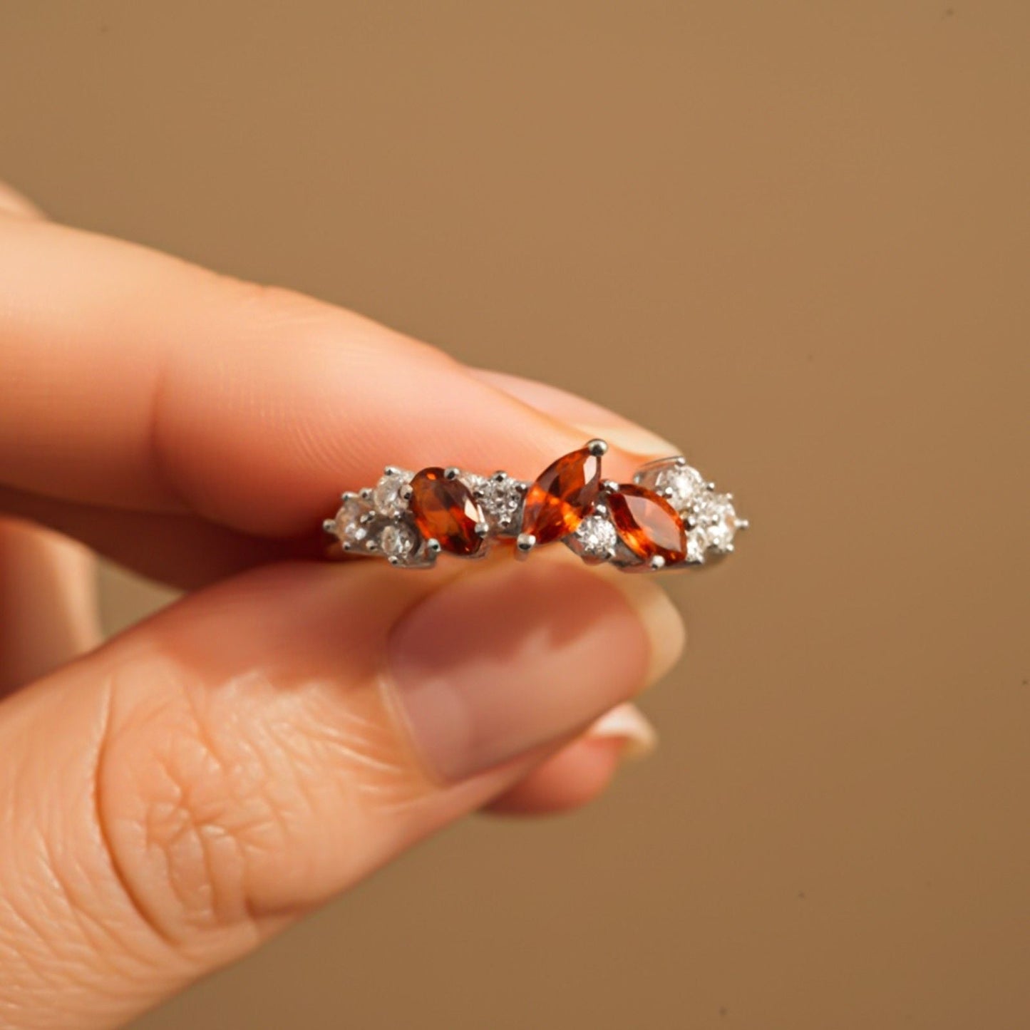 Silver Marquise Red Ruby Crown Ring